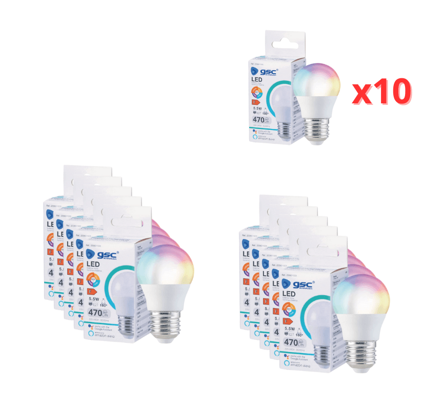 Pack van 10 lampen: gsc evolution G51003 10xSlimme LED Lamp E27 5,5W RGB, Dimbaar, WiFi - View 1